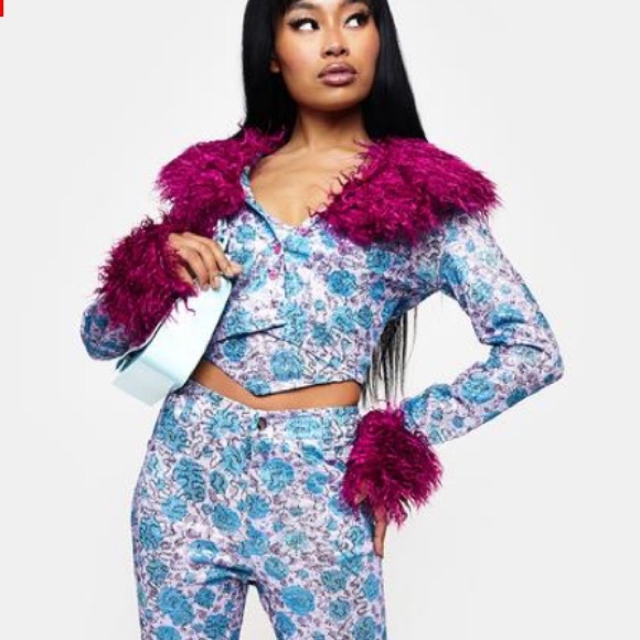 Dolls Kill Jackets & Blazers - Elsie & Fred Wild Rose fur collar sequin jacket